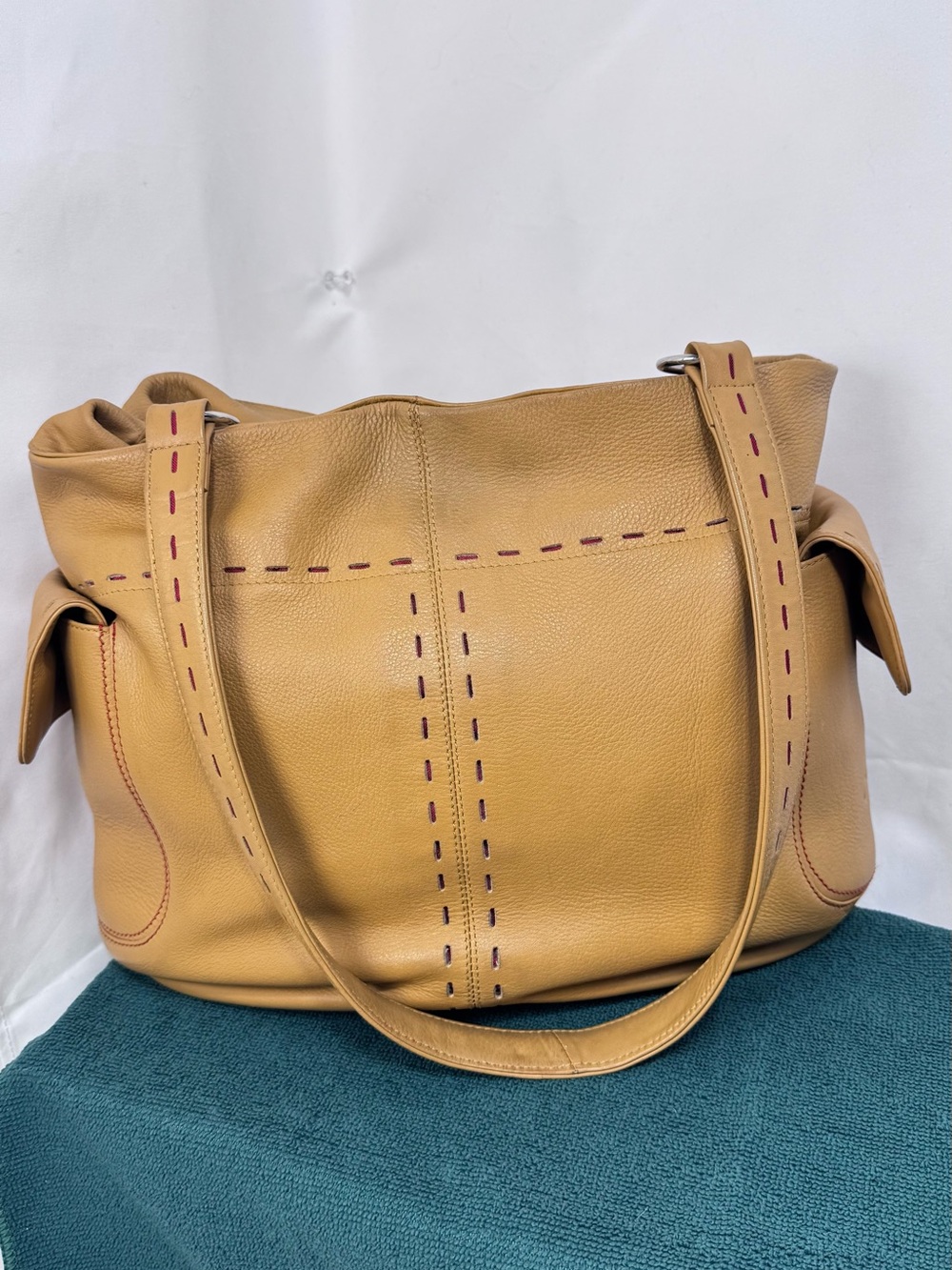 Cleo & Patek Paris Camel Leather Shoulder Bag Tote Red Stitching
